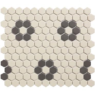 London 26x30x0,5 White + Black 4 black flowers Porcelain Unglazed Hexagon
