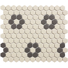 London 26x30x0,5 White + Black 4 black flowers Porcelain Unglazed Hexagon